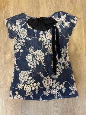 Navy Floral Tie-Accent Women's Blouse